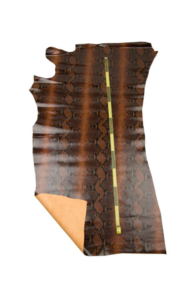 Brown REPTILE printed leather hide, PYTHON textured cowhide, snake pattern on glossy soft calfskin