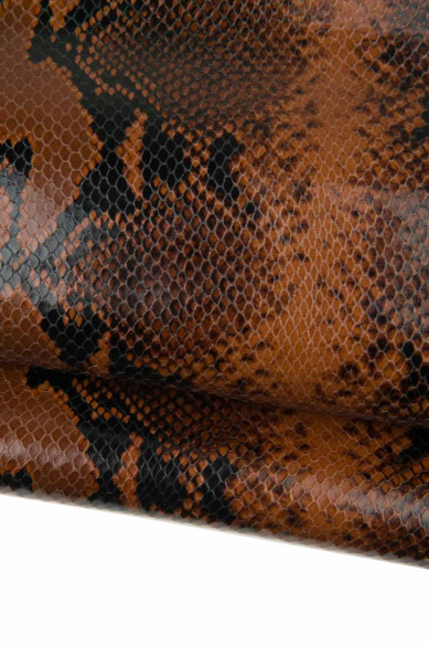 Pellame SERPENTE marrone e nero, vitello lucido morbido motivo PITONE, stampa rettile su pelle