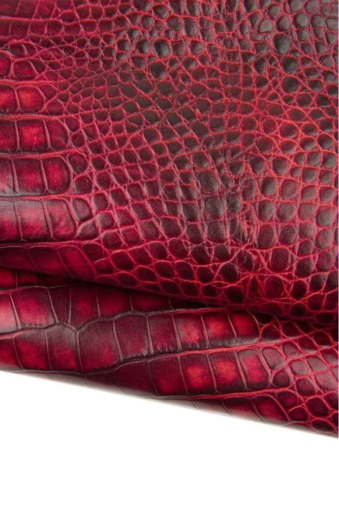 Dark red CROCODILE embossed leather...