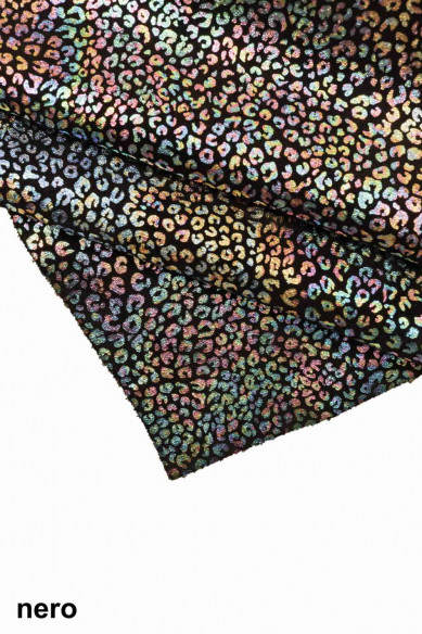 Mini LEOPARD printed leather hide, HOLOGRAPHIC animal pattern on black suede calfskin, metallic printed cowhide for hobbyists