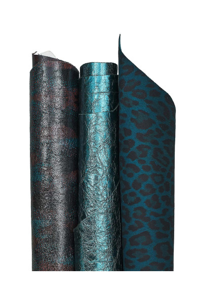 Set of 3 green petrol / black, metallic leather skins, LEOPARD printed goatskin hides, as per pictures