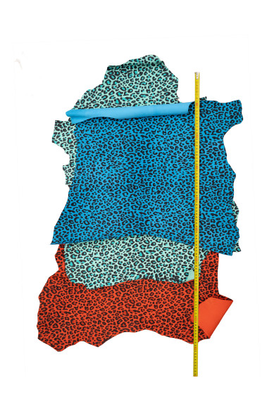 LEOPARD textured leather skin, animal print SUEDE goatskin, cheetah pattern on aquamarine - orange - skyblue soft skin