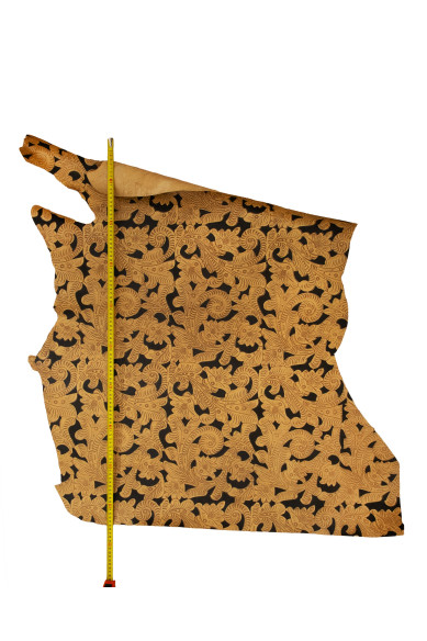 FLORAL printed leather hide, brown - beige embossed cowhide, flower pattern on STIFF calfskin