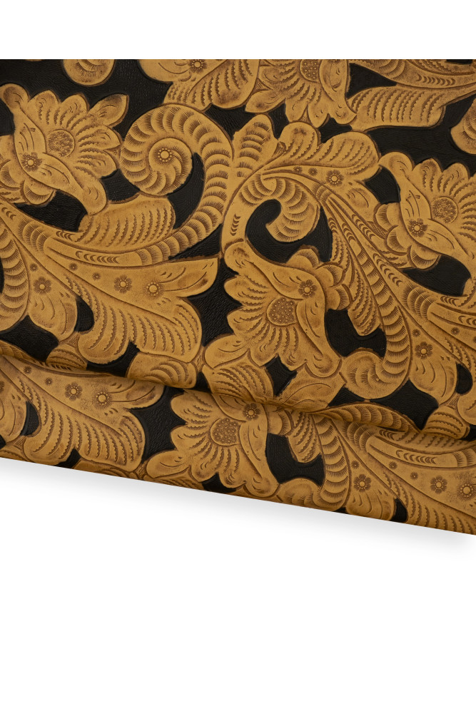 FLORAL printed leather hide, brown -...