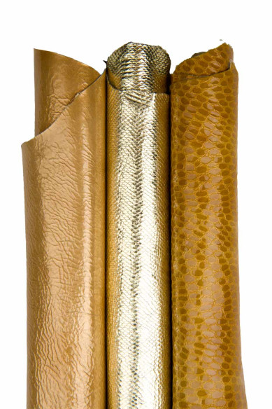 Set di 3 pelli oro giallo, capre laminate stampate PITONE - COCCODRILLO, pellami morbidi per fai da te