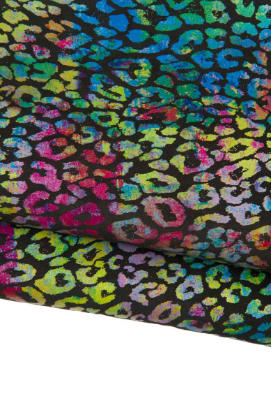 Pelle leopardo MULTICOLOR su base su base nera, vitello stampa colorata animalier ghepardo, pellame per fai da te