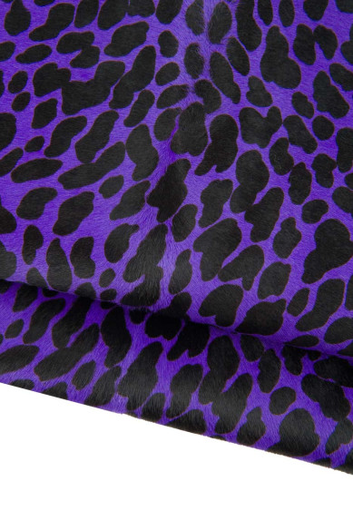 Purple LEOPARD PRINTED hair on leather hide, animal textured pony calfskin, soft