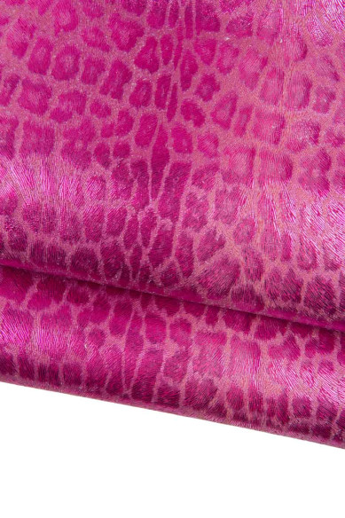 LEOPARD printed METALLIC leather hide, bright fuchsia goatskin, cheetah print leather skin, soft  0.6 - 0.8 mm