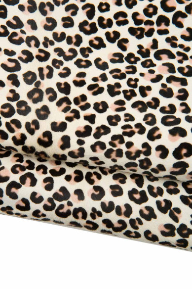 Pelle CAVALLINO stampa LEOPARDO  marrone e rosa su base panna, pellame pony motivo ghepardo per artigiani