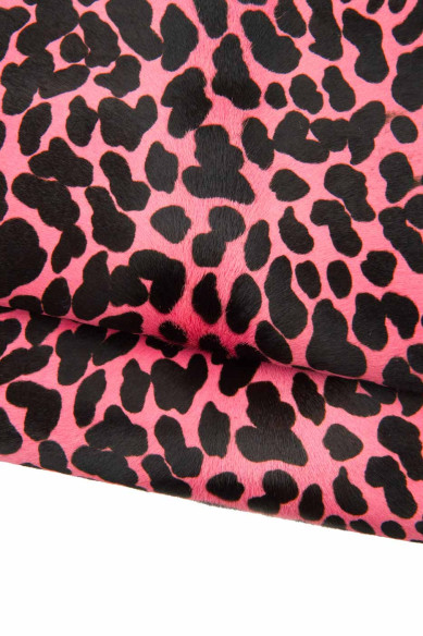 LEOPARD printed hair on leather hide, pink - black cheetah textured PONY calfskin, soft cowhide for crafting