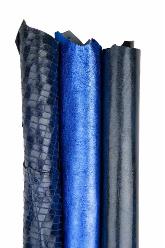 Set of 3 blue leather skins, metallic...
