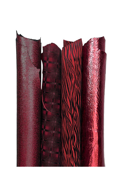 Lotto di 4 pelli tono rosso, pellami laminati, stampa flock, capre metallizzate morbide per fai da te