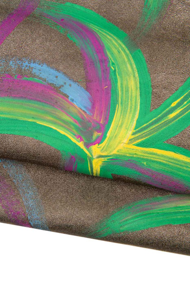 Pelle artistica MULTICOLOR su base ACCIAIO, capra laminata con disegno astratto, pellame dipinto, morbido