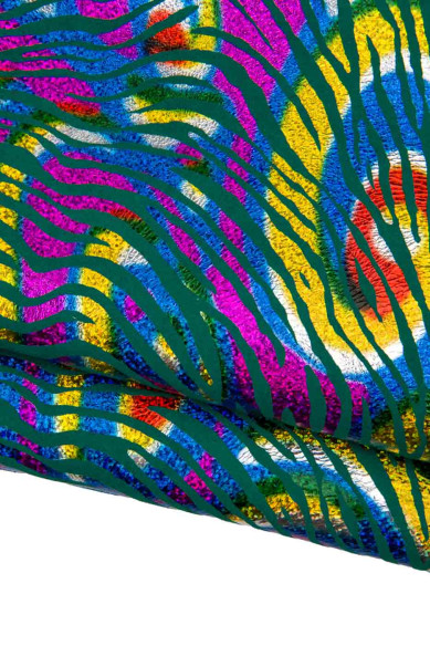 Pelle ZEBRATA iridescente multicolor, stampa animalier colorata su base capra scamosciata verde