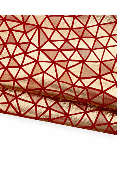 Red gold metallic GEOMETRICAL leather hide, triangles print on glossy goatskin bright and soft leather skin