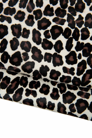 Pelle CAVALLINO stampa LEOPARDO marrone -nero su base panna, pellame pony motivo ghepardo per artigiani