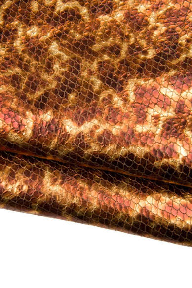 Bundle of 2 orange and brown, metallic wrinkled goatskins and python textured matching leather skins for crafters