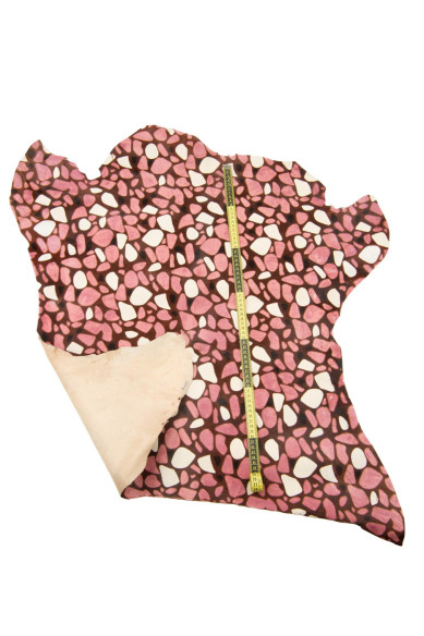GEOMETRIC printed HAIR ON leather hide, pink brown ivory tones, graphic textured pony calfskin, cowhide for crafting