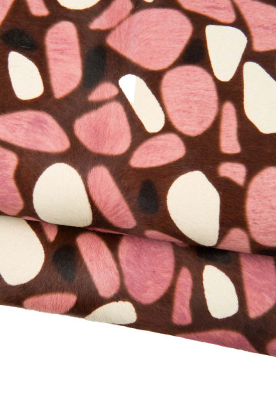 GEOMETRIC printed HAIR ON leather hide, pink brown ivory tones, graphic textured pony calfskin, cowhide for crafting