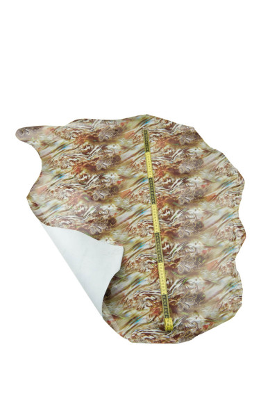 BAROQUE printed leather hide, cream-gold brown, iridescent glossy with glitter, PATENT goatskin. Ideal for crafters, hobbyists