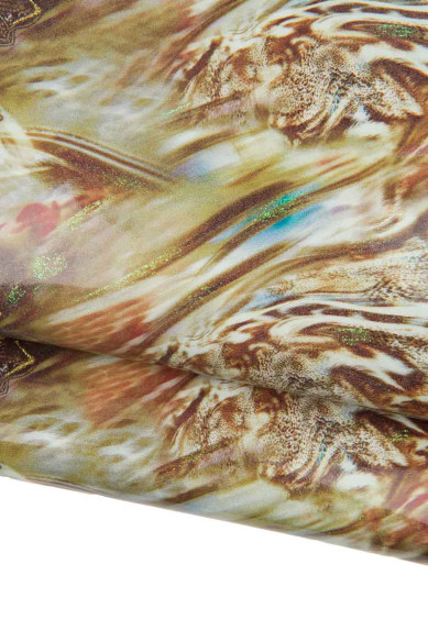 BAROQUE printed leather hide, cream-gold brown, iridescent glossy with glitter, PATENT goatskin. Ideal for crafters, hobbyists