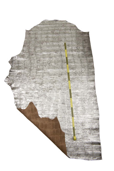Silver brown maxi CROCODILE printed leather hide, embossed metallic cowhide, soft, luxurious calfskin for crafting