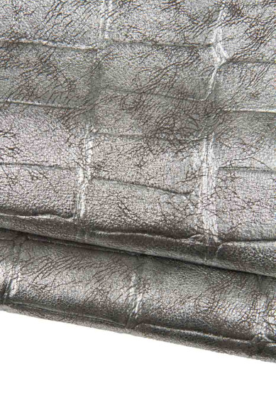 Silver brown maxi CROCODILE printed leather hide, embossed metallic cowhide, soft, luxurious calfskin for crafting