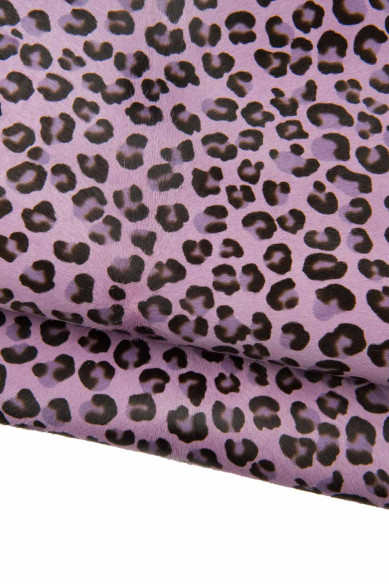 ANIMAL printed pony calfskin, lilac - black LEOPARD textured hair on leather hide, cheetah pattern on cowhide
