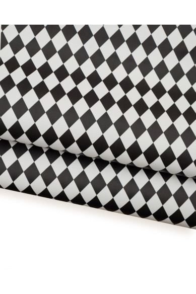 Black white DIAMOND printed leather hide, GEOMETRICAL square pattern on cowhide, matt calfskin 1.4 - 1.6 mm