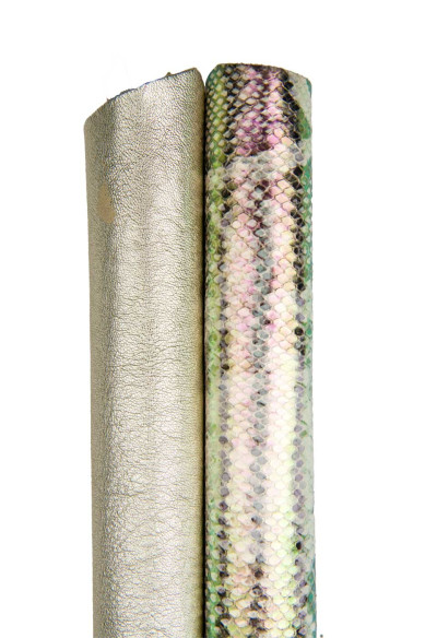 Bundle of 2 platinum leather skins, IRIDESCENT python printed calfskin and metallic goatskin, assorted as per pictures