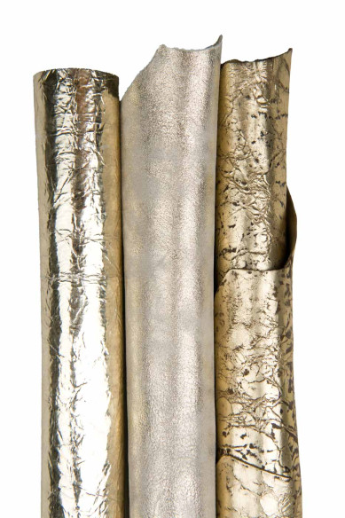 Bundle of 3 TOP QUALITY leather skins, platinum metallic textured goatskins, assorted as per picture