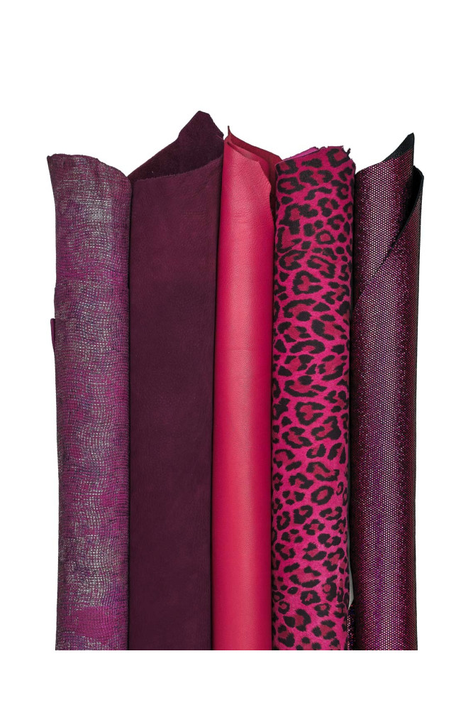 Lotto di 5 pelli fuxia e viola, capre...