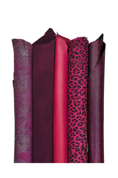 Lotto di 5 pelli fuxia e viola, capre tinta unita, laminate, stampate, pellami di lusso per fai da te