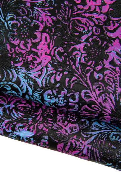 Black FLORAL hand painted  leather hide, fuxia and light blue strokes soft goatskin, flower print in RELIEF