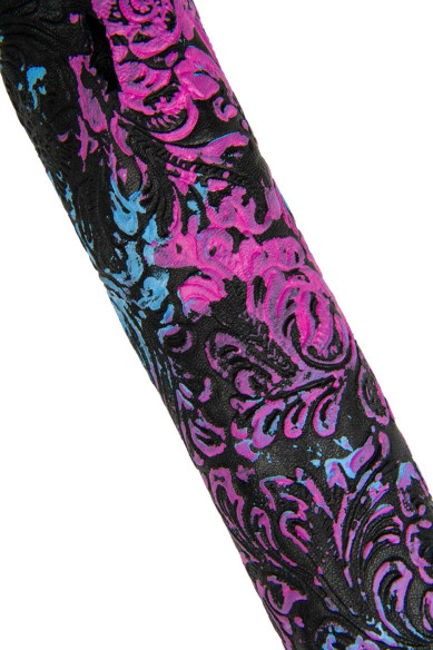 Black FLORAL hand painted  leather hide, fuxia and light blue strokes soft goatskin, flower print in RELIEF