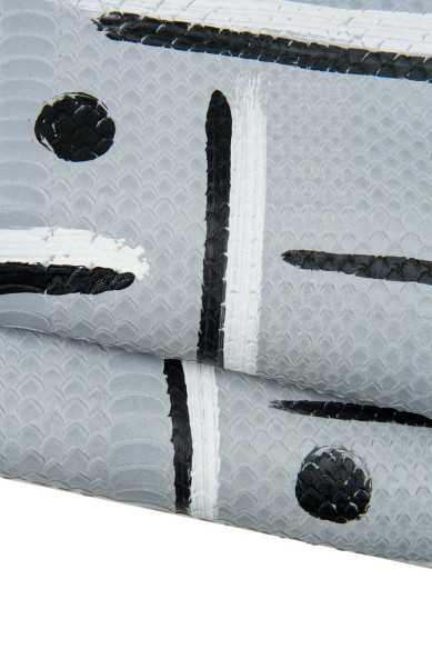 Grey REPTILE handpainted leather hide, GEOMETRICAL white and black print goatskin, unique piece for crafters