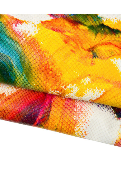Pelle PITONE multicolor DIPINTO a mano, capra stampa rettile con disegno colorato, pellame unico per il fai da te