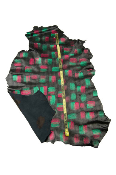 Metallic GLITTER leather skin, red green on dark grey REPTILE basis, hand painted goatskin