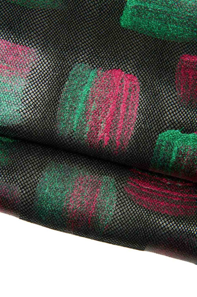 Metallic GLITTER leather skin, red green on dark grey REPTILE basis, hand painted goatskin