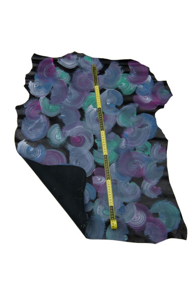 Pelle DIPINTA viola-verde su base nero, capra stampa cerchi colorati, pellame originale dipinto a mano morbida