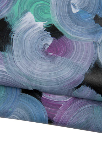 Pelle DIPINTA viola-verde su base nero, capra stampa cerchi colorati, pellame originale dipinto a mano morbida