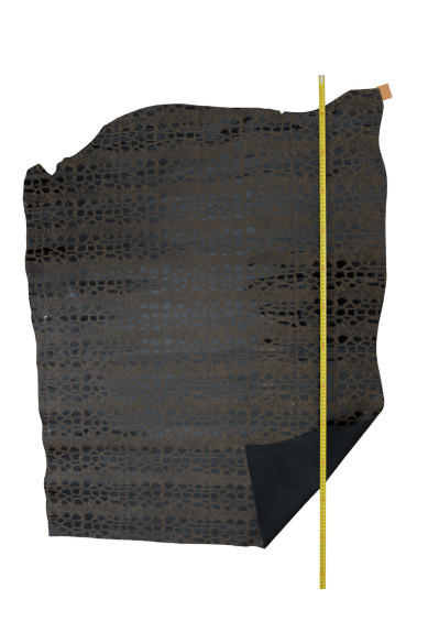 Pellame stampa RETTILE marrone e nero, vitello motivo serpente con CONTRASTO lucido-opaco, pelle pitone morbida per artigiani