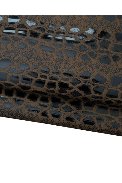 Pellame stampa RETTILE marrone e nero, vitello motivo serpente con CONTRASTO lucido-opaco, pelle pitone morbida per artigiani