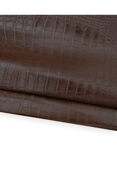 Brown CROCODILE embossed leather hide, matt croc printed calfskin, semi-stiff cowhide for diy projects