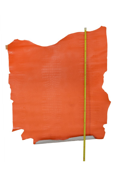 Orange CROCODILE embossed leather hide, matt PATENT calfskin, reptile printed cowhide for crafting