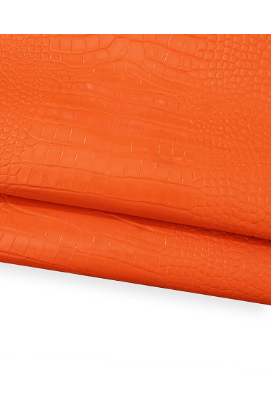 Orange CROCODILE embossed leather hide, matt PATENT calfskin, reptile printed cowhide for crafting