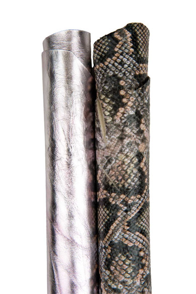 2 pelli di lusso abbinate come da foto : capra laminata STROPICCIATA lilla e pellame stampa PITONE rosa e nero