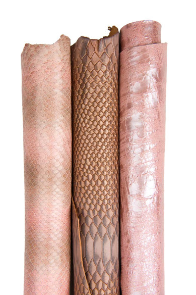 Bundle of 3 pink luxury soft goatskins, metallic textured REPTILE / WRINKLED effect matching leather skins for crafters