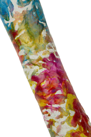 Pelle colorata STROPICCIATA, capra lavata concia VEGETALE grigia con stampa astratta multicolor lucida