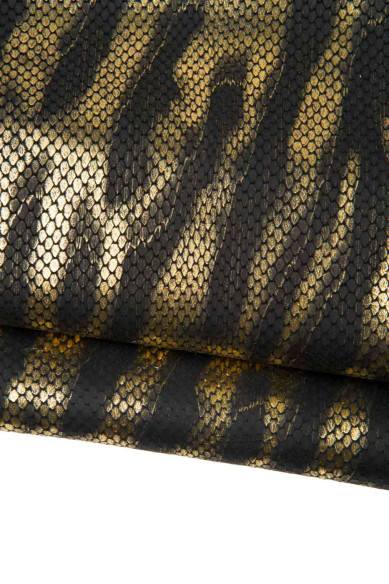 Pelle stampata RETTILE oro - nero, vitello motivo pitone stampa simil ZEBRA, pellame laminato decorato